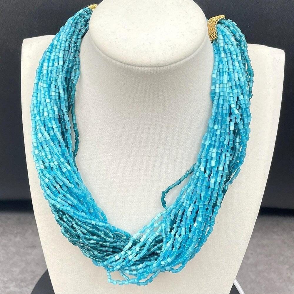 VTG Multi Strand Seed Bead Necklace Turquoise Blue Bib Statement Layered Boho